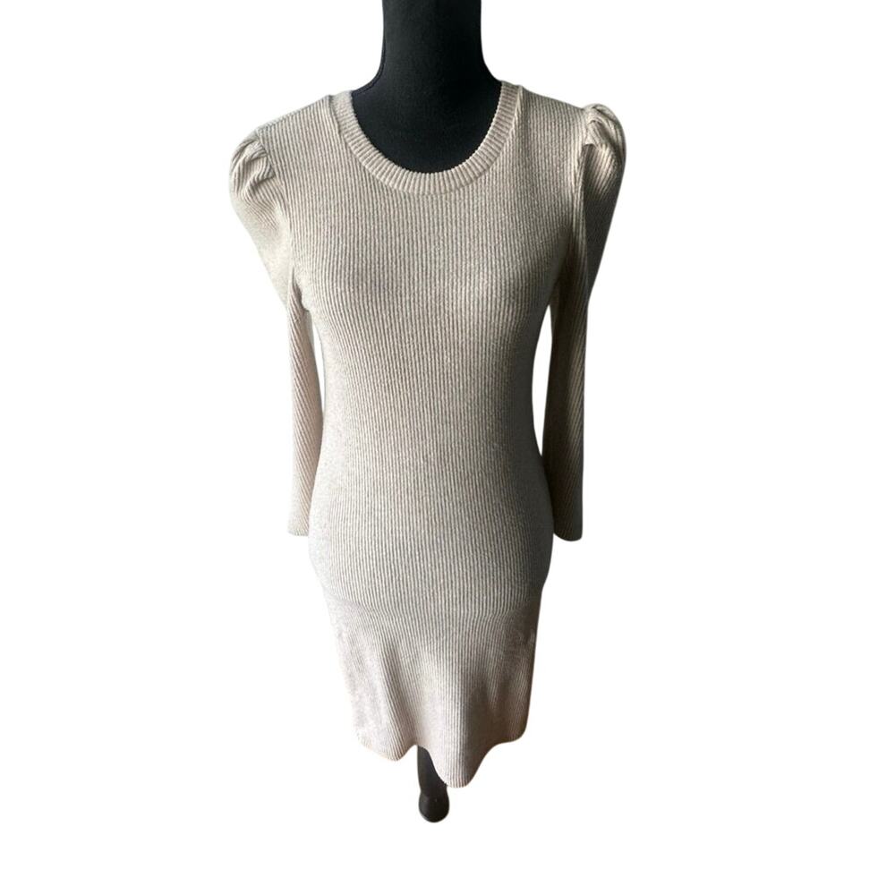 Harper Beige Ribbed Sweater Dress Puff Shoulder Knit Bodycon Midi Women’s M